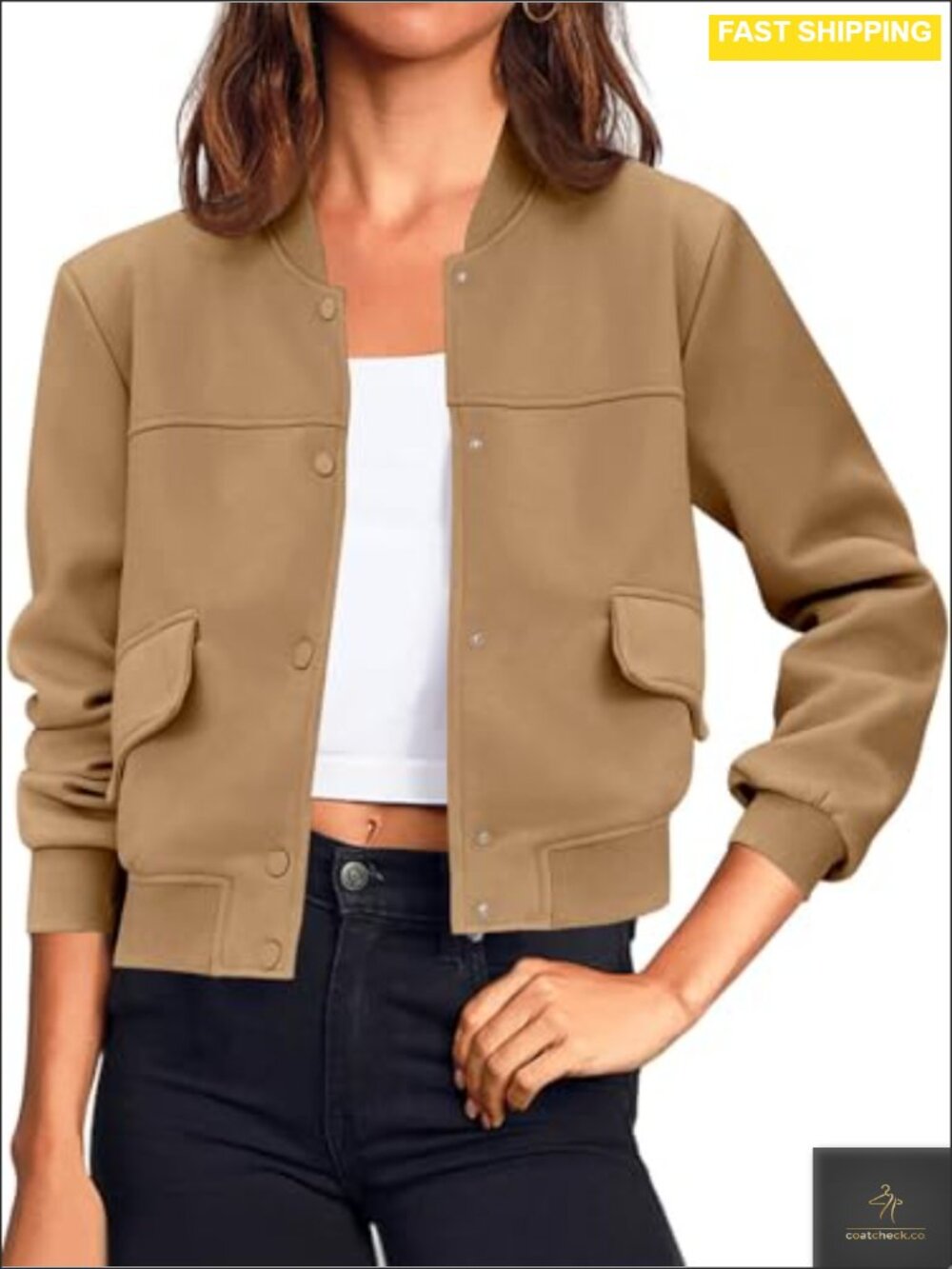Womens Cropped Bomber Jacket Button Down Varsity Shacket Casual Outerwear